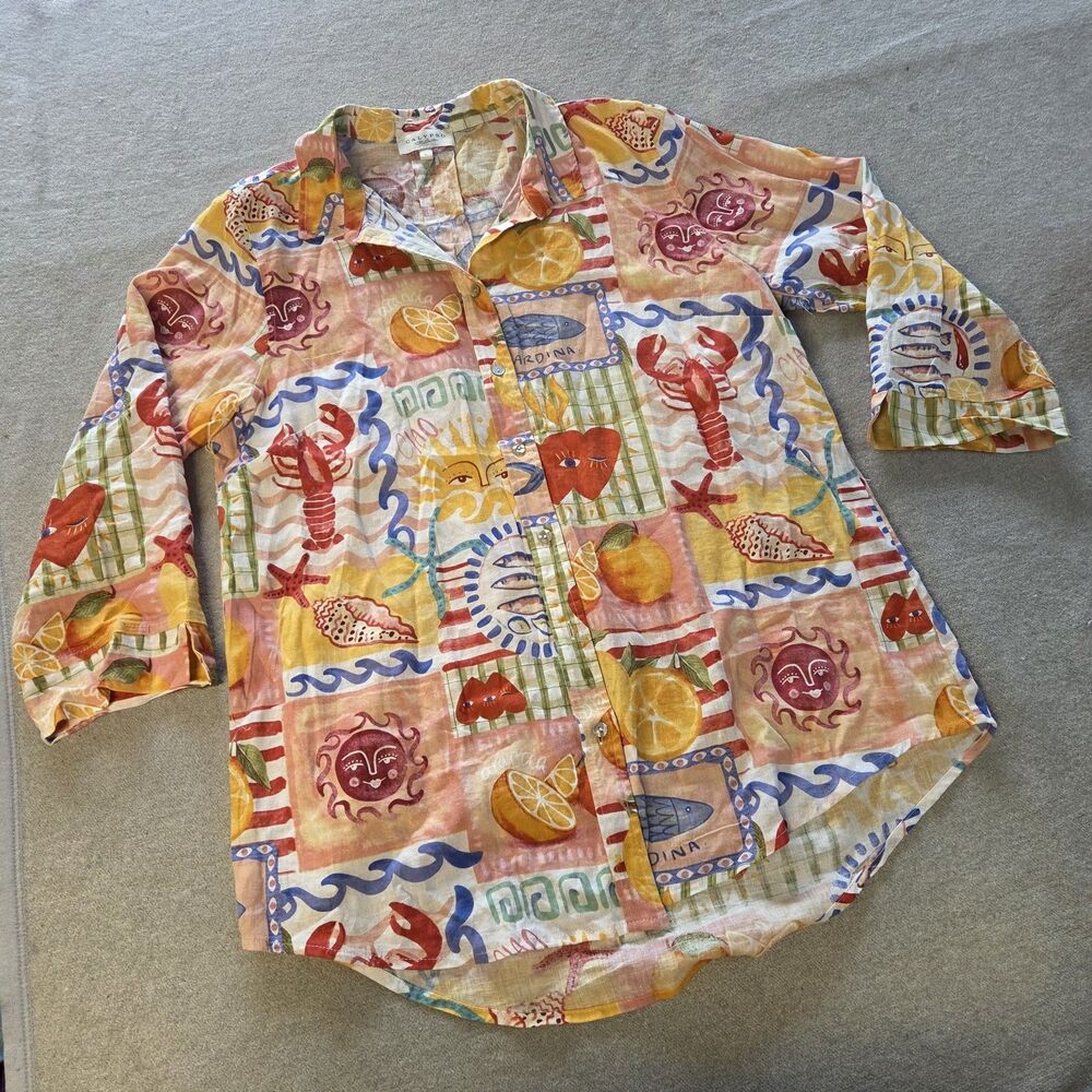 Calypso St. Barth Linen Shirt Print Seafood Deep Sea Vacation Size XL Lobster